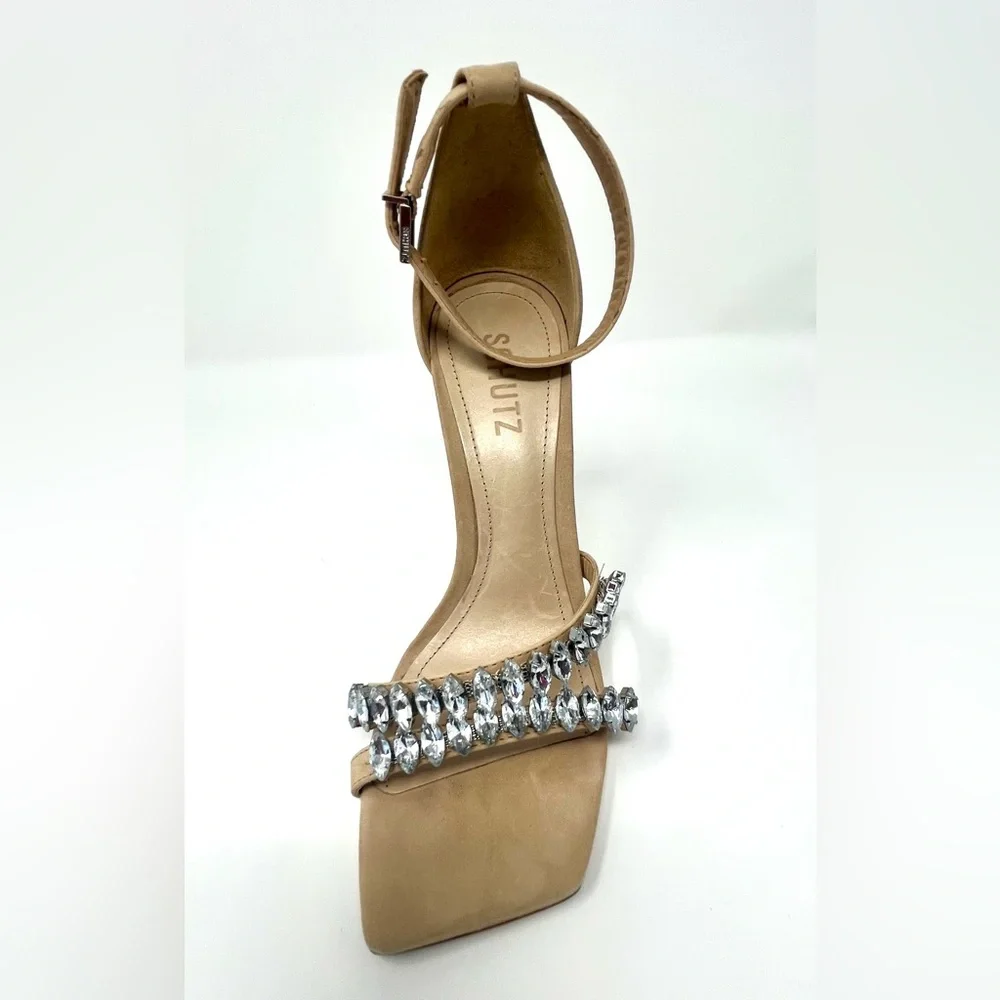 SCHUTZ Linsey Crystal-Embellished Nubuck Women's Open-Toe Heel Size 8.5 Like New - Picture 8 of 14